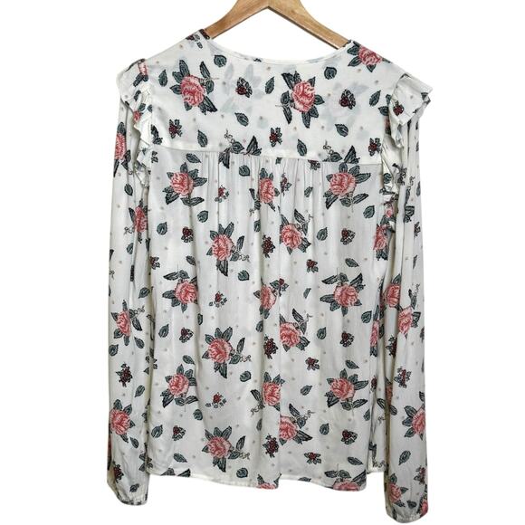 Lucky Brand Size Small Rose Print Smocked Ruffle Pullover Split Neck Blouse - Picture 3 of 8